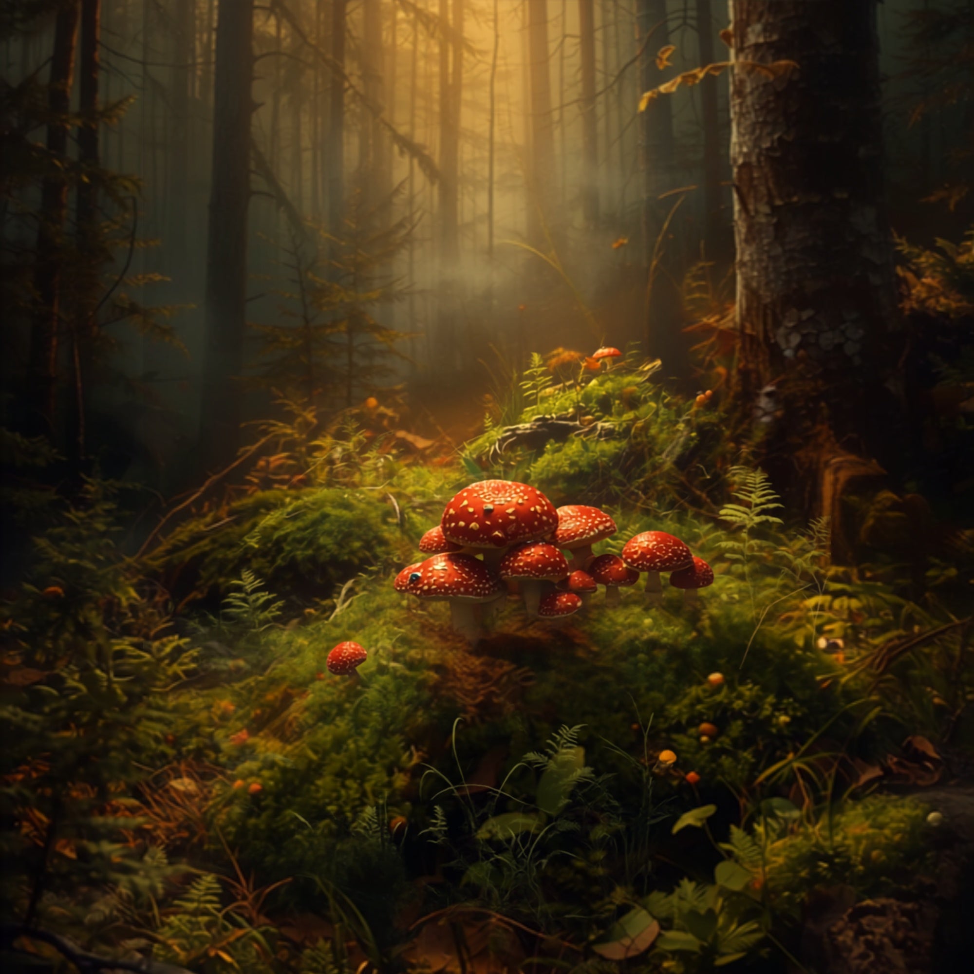 Röd flugsvamp i mystisk skog - Amanita muscaria