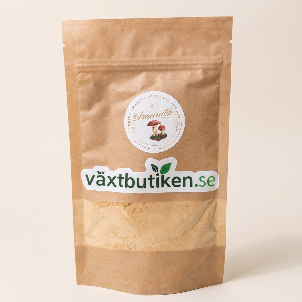 Röd flugsvamp, Amanita muscaria, malt pulver i förpackning från Växtbutiken